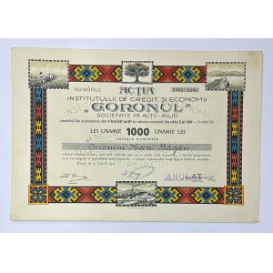 Romania Institutului de Credit Si Economii Goronul 5 Shares for 1000 Lei 1922