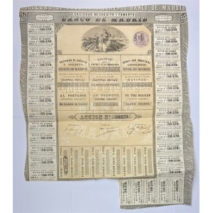 Spain Sociedad de Credito y Fomento Banco de Madrid Accion de 1900 Reales Vellon / Bearers share for 20 Pounds 1863