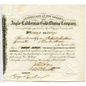 United States Anglo-Californian Gold Mining Company Ltd 5 Shares of 10 Shilling Each 1851