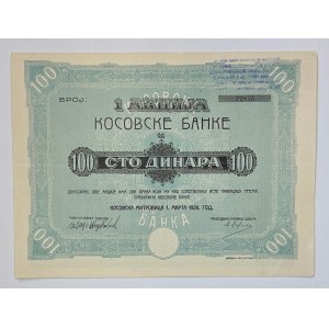 Yugoslavia Kosovska Banka Share of 100 Dinara 1926