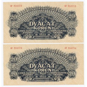 Czechoslovakia 2 x 20 Korun 1944 With Consecutive Number