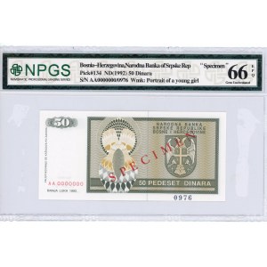 Bosnia & Herzegovina Narodna Banka of Srpske Rep 50 Dinara 1992 (ND) Specimen NPGS 66EPQ
