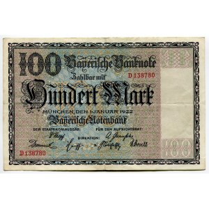 Germany - Weimar Republic Bayerische Notenbank 100 Mark 1922