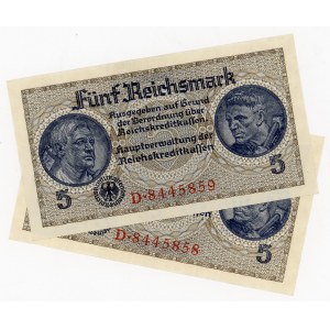 Germany - Third Reich 2 x 5 Reichsmark 1940 - 1945 (ND) With Consecutive Numbers