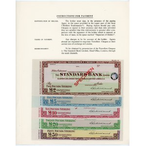 Great Britain Standard Bank Limited Travel Checks 2 - 5 - 10 - 20 - 50 Pounds 1962 (ND) Specimen