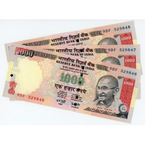 India 3 x 1000 Rupees 2008 With Consecutive Numbers