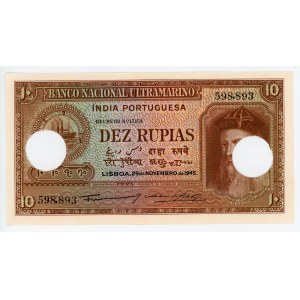 Portuguese India 10 Rupias 1945 Cancelled Note