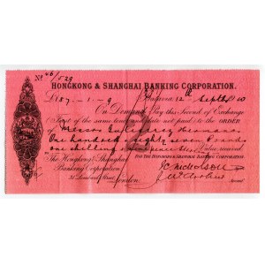 Indonesia Hongkong & Shanghai Banking Corporation Bill of Exchange for 187.1.9 Pounds 1910