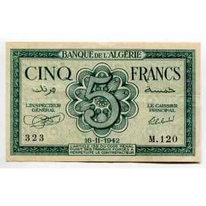 Algeria 5 Francs 1942 Allied Occupation