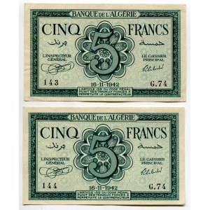 Algeria 2 x 5 Francs 1942 With Consecutive Numbers Allied Occupation