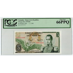 Colombia 5 Pesos Oro 1981 PCGS 66PPQ