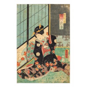 Utagawa Kunisada (1786-1865), Frau Ofuji nach der Verabschiedung eines Dieners, 1845-1857