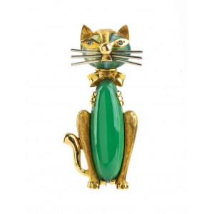 Gold brooch depicting a cat with chrysoprase and small sapphires - mark TIFFANY &Co