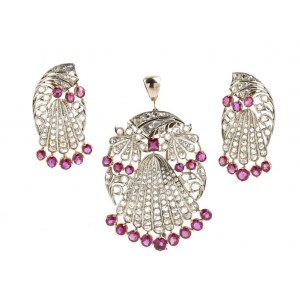 Victorian silver gold ruby diamond pair of earrings and brooch - mark of BLACK STARR and FROST