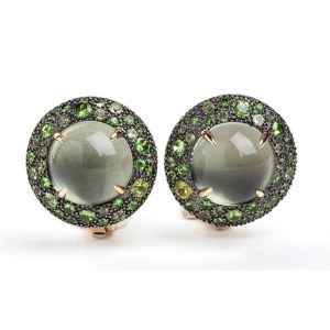 Pair of round gold and silver earrings with rock crystal, tsavorites and tourmalines - mark of MIMI'