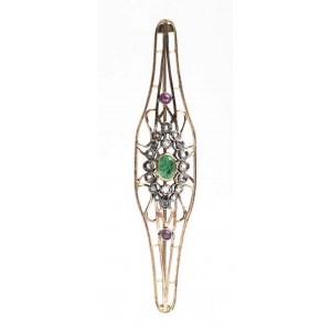 Gold and silver bar brooch with rose-cut diamonds and emeralds