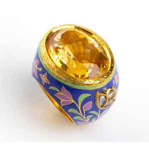 Gold enamel citrin quartz diamonds band ring - manufacure INDIA