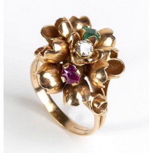 Patriotic gold ring with ruby, diamond and emerald - Italy, early 1950s