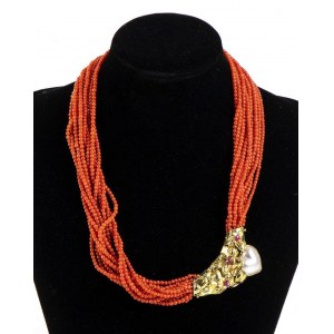 Mediterranean coral, ruby, Mabé pearl and gold torsade necklace