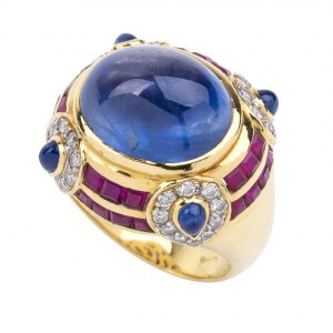 Gold sapphire ruby diamond ring