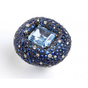 Blue topaz sapphire diamond gold band ring