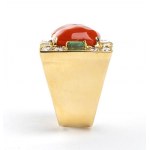 Mediterranean coral diamond emerald sapphire gold band ring