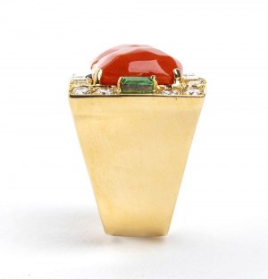 Mediterranean coral diamond emerald sapphire gold band ring