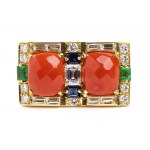 Mediterranean coral diamond emerald sapphire gold band ring