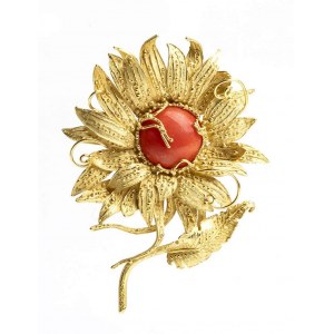 Gold and Mediterranean coral Sunflower Gold Mediterranean coral brooch - signed B. MORANO