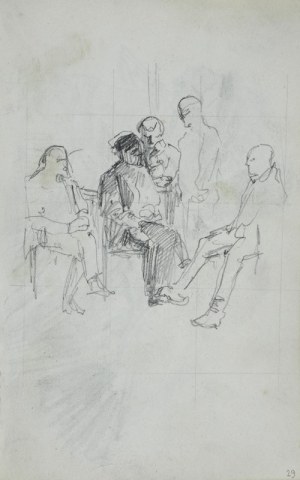 Stanisław Kaczor Batowski (1866 – 1946), Grupa mężczyzn – Szkic portretu zbiorowego we wnętrzu