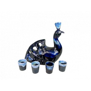 Ceramic carafe Peacock together with glasses. Kamionka cooperative in Lysa Gora, 1960s.