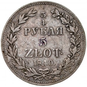 Russian Partition, Nicholas I 1826-1855, 3/4 ruble, 5 gold 1840 MW, Warsaw.