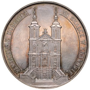 Signovaná medaila Bozkávanie, vyrazená okolo roku 1925 ako suvenír z návštevy Kostola na Skale v Krakove, RR.