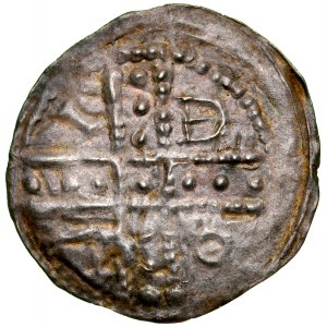 Rev. of Opole-Racibor, Boleslaw the Tall 1177-1195, Denarius, Av.: Two figures with a flag, letter S, Rv: Cross of pearl, between its arms inscription: BOLE.