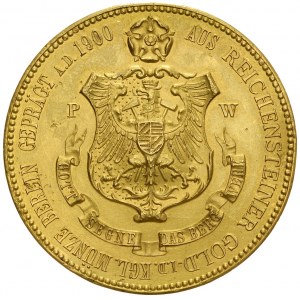 Zlatá medaile od O. Schultze, 1900, objednaná královským radou Hermannem Guttlerem pro štěstí a požehnání zlatému dolu a horníkům ve Zlotém Stoku / Reichensteinu.