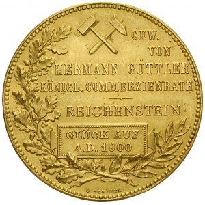Goldmedaille von O. Schultz, 1900, im Auftrag des Königlichen Rates Hermann Guttler zum Glück und Segen der Goldgrube und der Bergleute in Zloty Stok / Reichenstein.