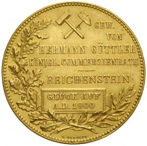 Złoty medal autorstwa O. Schultz'a z 1900 roku wykonany na zamówienie radcy królewskiego Hermanna Guttlera na szczęście i błogosławieństwo kopalni złota i górnikom w Złotym Stoku / Reichenstein.