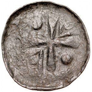 Cross denarius 11th century, Wroclaw, Av.: Head of St. John, Rv: Straight cross, between the arms dots, and triangles with dot.