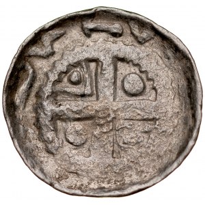 Cross denarius 11th century, Wroclaw, Av.: Head of St. John, Rv: Straight cross, between the arms of the dots, and triangles with dot, fragment of the abalone legend.
