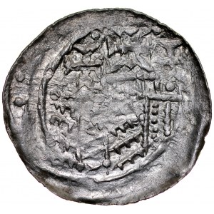 Boleslaw III. von Wrymouth 1107-1138, Denar, Av: Stehender Fürst mit Lanze und Schild, Inschrift: BOLE - ZLAV, Rv.: Gebäude mit drei Türmen.