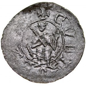 Boleslaw III. von Wrymouth 1107-1138, Denar, Av: Fürst auf Thron, Inschrift: +CVBISDLZA, Rv: Kreuz mit Armen, die in zwei Querbalken enden, zwischen den Armen, in jeder der vier Zonen ein großer und ein kleiner Punkt, Umschrift: +EARNIA.