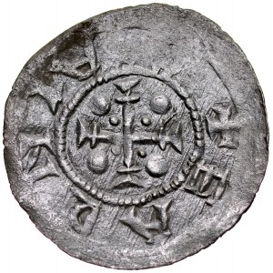 Bolesław III Krzywousty 1107-1138, Denar, Av.: Książę na tronie, napis: +CVBISDLZA, Rv.: Krzyż o ramionach zakończonych dwoma poprzeczkami, między ramionami, w każdej z czterech stref po dużej i małej kropce, napis: +EARNIA.