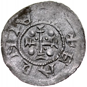 Boleslaw III. von Wrymouth 1107-1138, Denar, Av: Fürst auf Thron, Inschrift: +CVBISDLZA, Rv: Kreuz mit Armen, die in zwei Querbalken enden, zwischen den Armen, in jeder der vier Zonen ein großer und ein kleiner Punkt, Umschrift: +EARNIA.