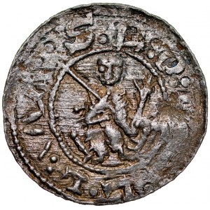 Bolesław III Krzywousty 1107-1138, Denar, Av.: Książę na tronie, legenda z przypadkowych liter, jako przerywniki dużo dwukropków, Rv.: Krzyż o ramionach zakończonych poprzeczką, między ramionami, w każdej z czterech stref po dużej i małej kropce, napis: +