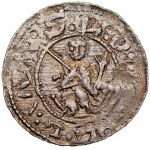 Bolesław III Krzywousty 1107-1138, Denar, Av.: Książę na tronie, legenda z przypadkowych liter, jako przerywniki dużo dwukropków, Rv.: Krzyż o ramionach zakończonych poprzeczką, między ramionami, w każdej z czterech stref po dużej i małej kropce, napis: +