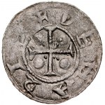 Bolesław III Krzywousty 1107-1138, Denar, Av.: Książę na tronie, legenda z przypadkowych liter, jako przerywniki dużo dwukropków, Rv.: Krzyż o ramionach zakończonych poprzeczką, między ramionami, w każdej z czterech stref po dużej i małej kropce, napis: +