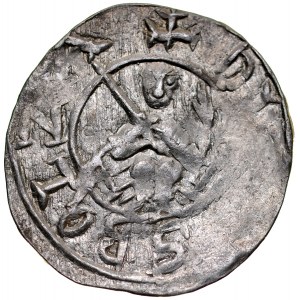 Bolesław III Krzywousty 1107-1138, Denar, Av.: Książę na tronie, napis: +DV....SBOLZA, Rv.: Krzyż o ramionach zakończonych dwoma poprzeczkami, między ramionami, w każdej z czterech stref po dużej kropce, napis: +DENRA....S.