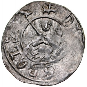 Boleslaw III the Wrymouth 1107-1138, Denarius, Av: Prince on throne, inscription: +DV....SBOLZA, Rv: Cross with arms ending in two crossbars, between the arms, in each of the four zones a large dot, inscription: +DENRA....S.