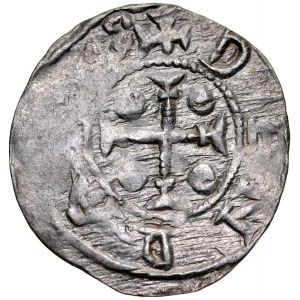 Bolesław III Krzywousty 1107-1138, Denar, Av.: Książę na tronie, napis: +DV....SBOLZA, Rv.: Krzyż o ramionach zakończonych dwoma poprzeczkami, między ramionami, w każdej z czterech stref po dużej kropce, napis: +DENRA....S.