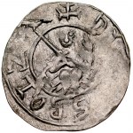 Bolesław III Krzywousty 1107-1138, Denar, Av.: Książę na tronie, napis: +DV....SBOLZA, Rv.: Krzyż o ramionach zakończonych dwoma poprzeczkami, między ramionami, w każdej z czterech stref po dużej kropce, napis: +DENRA....S.